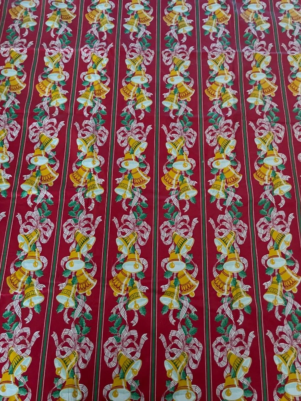 Vintage Vinyl Flannel Back Christmas Bells Tablecloth Holiday